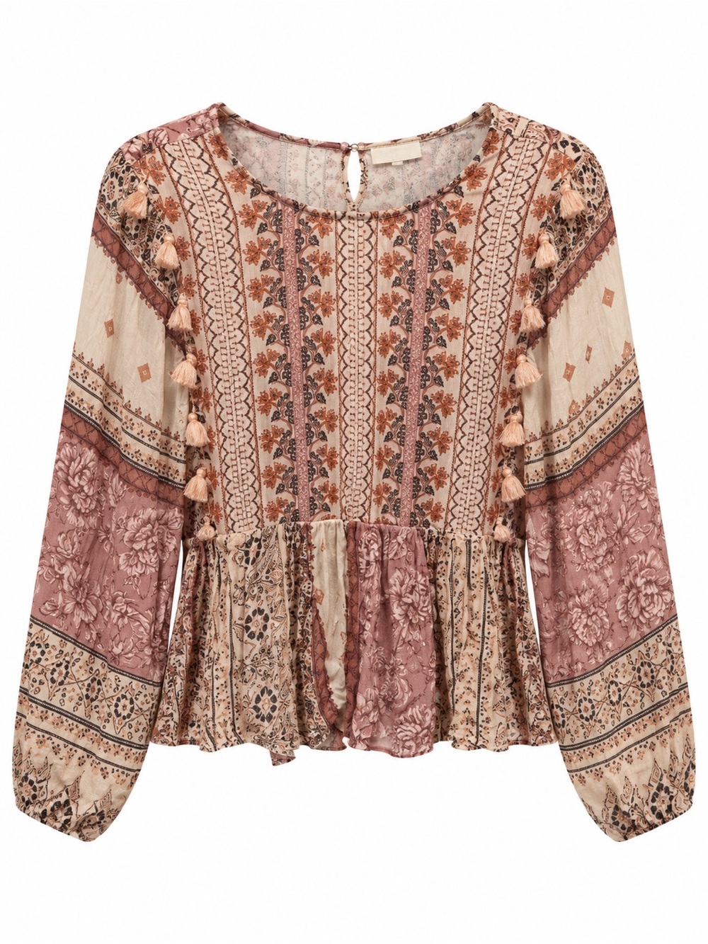 American Eagle Outfitters Boho Floral Tassel Peasant Top - Mauve Multi